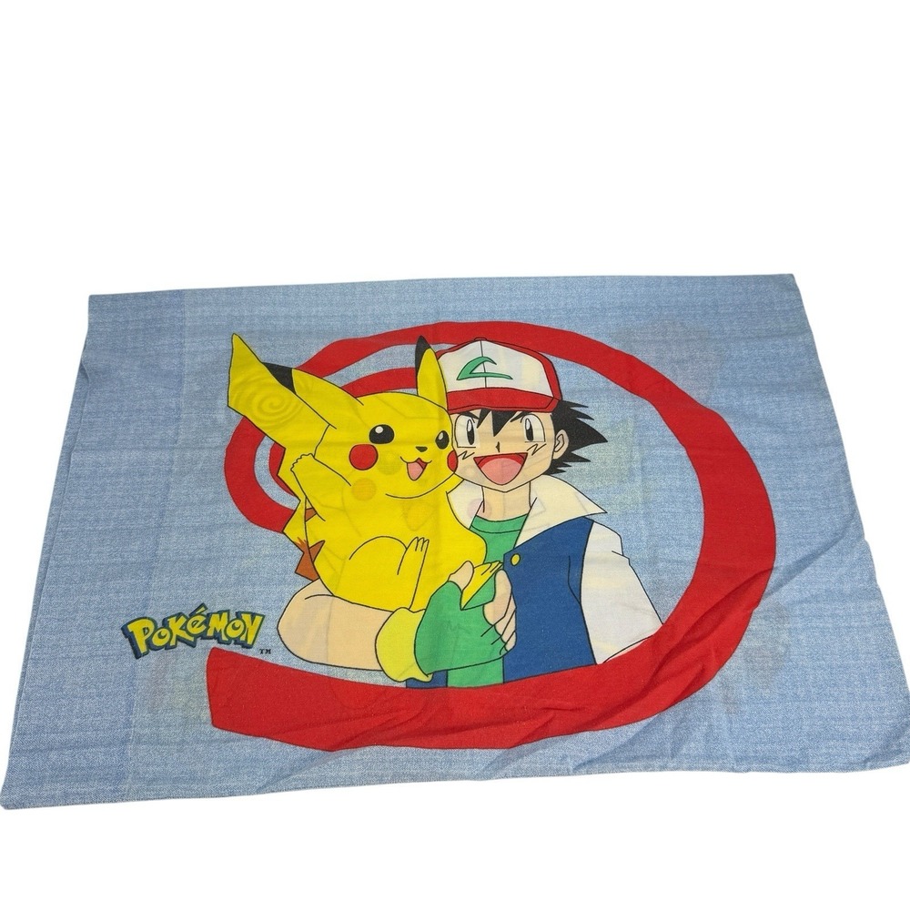 Vtg 90s 1998 Pokemon Ash & Pikachu Double Sided Pillowcase 19x28" Meowth Squirtl